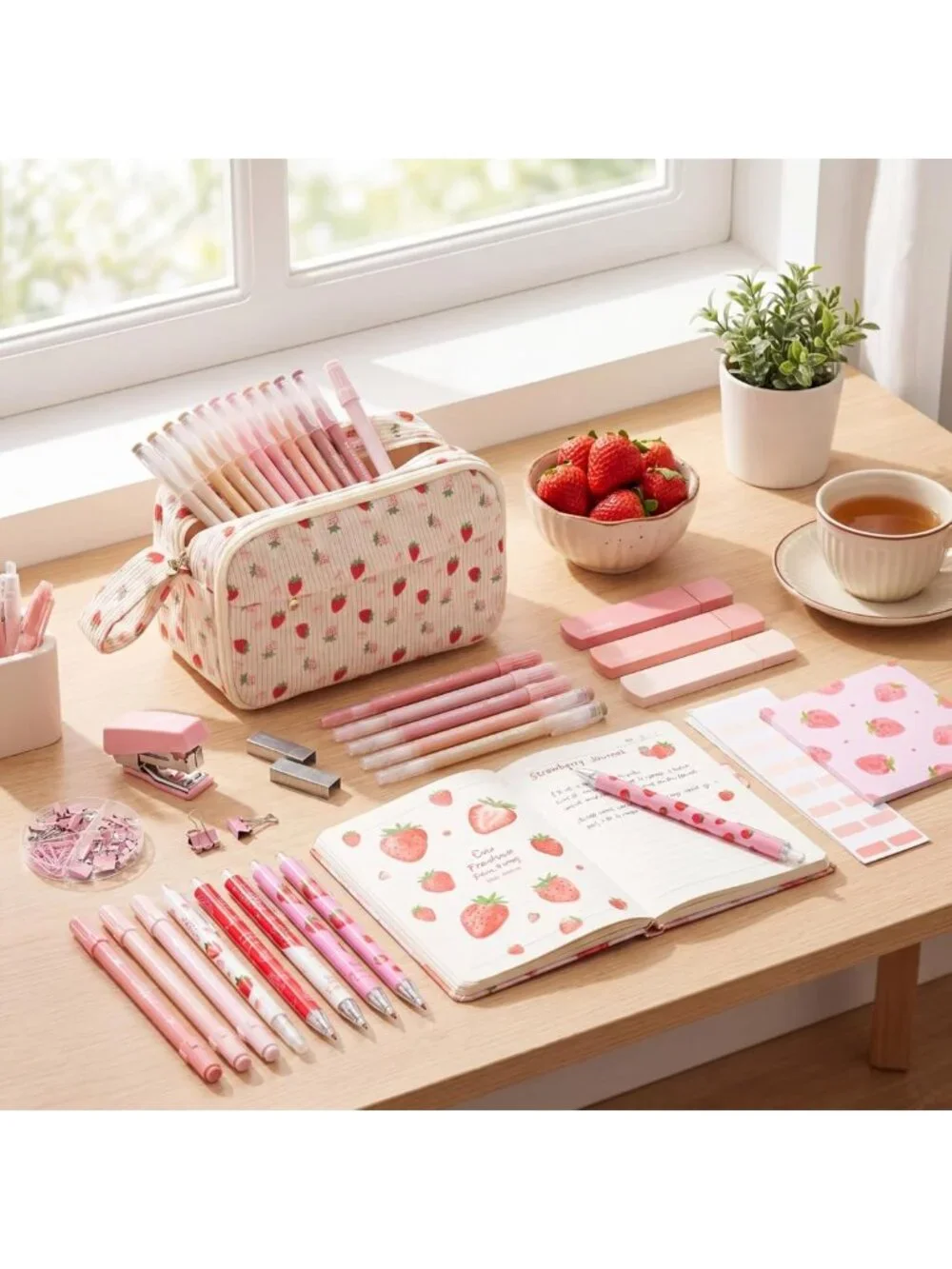 Cute Pink Strawberry Stationery Set with Pencil Case - Perfect School Supplies!